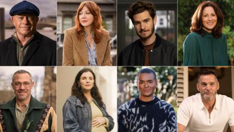Split image of Ross Kemp, Diane Morgan, Andrew Garfield, Mishal Husain, Will Young, Aisling Bee, Layton Williams and Fred Sirieux