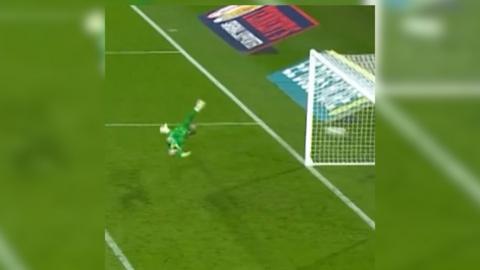 Goalkeeper in green stretching in flight as ball crosses line into goal.