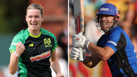 Split graphic of Southern Brave's Lauren Bell and London Spirit's David Warner