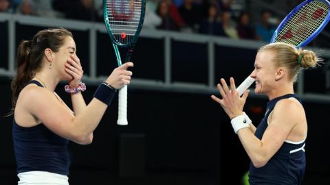 Harriet Dart and Jodie Burrage celebrate securing Great Britain's place at the BJK Cup finals