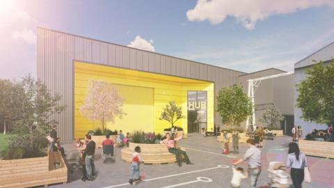 A drawing of of a large grey building with a large square yellow entranceway and people walking around a tarmac area in front of it