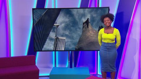 Presenter Emma-Louise next to an image of a giant pigeon