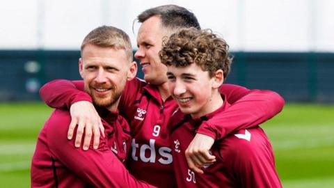 Stephen Kingsley, Lawrence Shankland and Kier McMeekin during a Heart of Midlothian training session at the Oriam, on April 22, 2026, in Edinburgh, Scotland. 