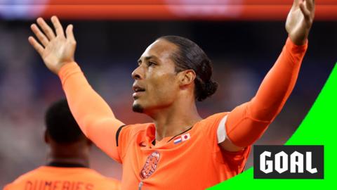 Virgil Van Dijk celebrates scoring for the Netherlands against Japan in the 2026 World Cup