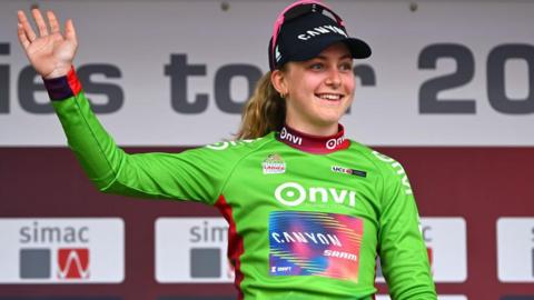 Zoe Backstedt celebrates topping the podium for the first time in her pro career