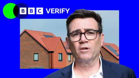 a picture of andy burnham super imposed over a photo of a red tiled roof, underneath a BBC Verify graphic