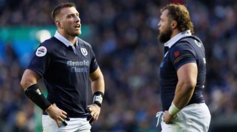 Scotland’s Matt Fagerson (L) during a Quilter Nations Series match between Scotland and New Zealand at the Scottish Gas Murrayfield Stadium, on November 08, 2025, in Edinburgh, Scotland