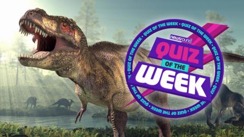 Dinosaur roaring and the Quiz of the Week logo.