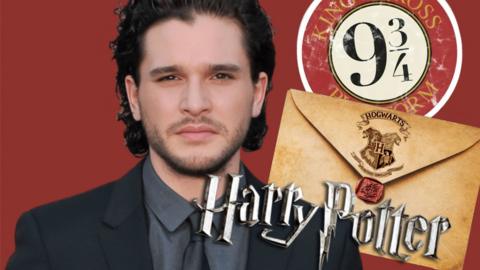 Kit Harington along with a hogwarts letter, the Harry Potter logo and a sign for Platform 9 3/4.