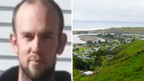 Split screen of Tom Phillips who abducted three of his children and the town of Marokopa in New Zealand