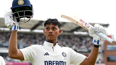 India opener Yashasvi Jaiswal acknowledges the crowd at Headingley after hitting a century