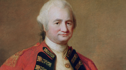 Head and shoulders detail from a portrait of Robert Clive in a red military uniform