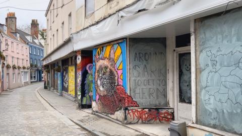 A narrow cobblestone street bordered by pastel coloured houses on the left and a row of derelict shops on the right covered in colourful murals. A shop on the right features a large painted cat with green eyes and a red scarf, a hand‑painted sign reading ‘Around Sark to get to Herm,’ and red graffiti spelling ‘Kindness!’. Nearby windows display illustrated maps and faint animal imagery. Flower boxes sit beneath upper‑floor windows on the left side, and the street curves gently out of view. 