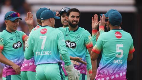 Oval Invincibles' Saqib Mahmood celebrates a wicket