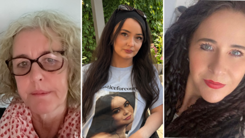 A composite image of Nicki Durbin on the left who has curly grey hair, glasses, a pink scarf and black top on. Charleigh Mitchell is in the middle who has long black hair and is wearing sunglasses on her head as well as a blue top with an image of her sister on it. To the right is Carla Oakshott who has long dark curly hair.