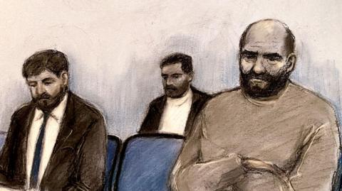 Court artist drawing of (left to right) Walid Saadaoui, Bilel Saadaoui and Amar Hussein appearing at Preston Crown Court.