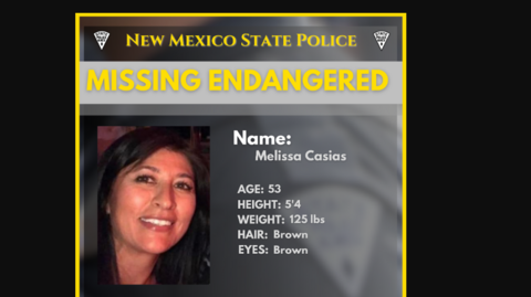 A missing person's poster featuring a photo of a smiling Melissa Casias and biographical information including her age listed as 53