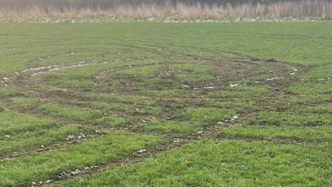The grassy pitch is ripped in several places. The track marks are in spiral patterns.