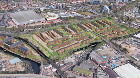 Aerial view of how the development would look next to the canal with rows of houses and flats lined with trees 