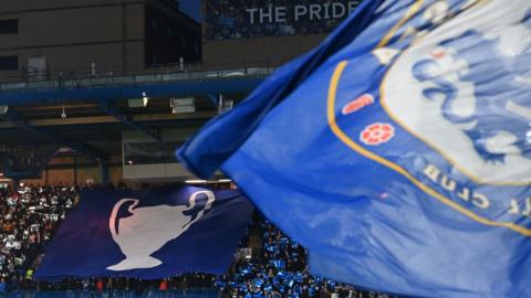 Chelsea flag and Champions League trophy tifo
