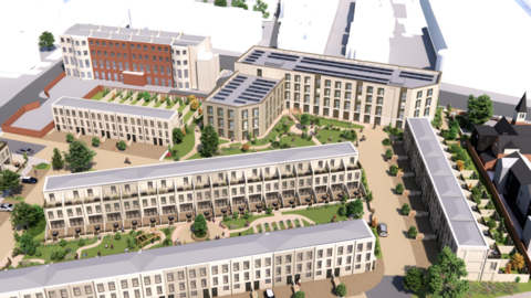 A CGI showing apartment blocks and houses on the North Place car park in Cheltenham as seen from the air