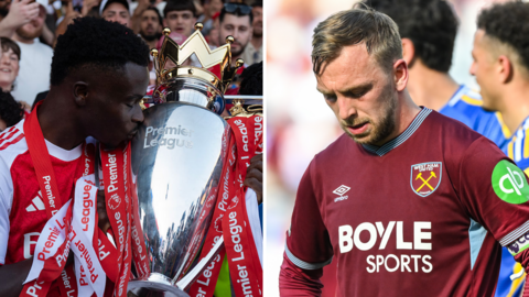 Arsenal's Bukayo Saka kisses the Premier League trophy and West Ham's Jarrod Bowen looks dejected