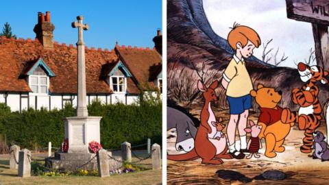 A split screen image. On the left is Small memorial to the war dead of Dorchester Village, Oxfordshire. On the right is A still from an early the Winnie the pooh animation showing all of the inhabitants of the Hundred Acre Wood.