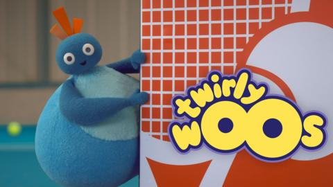 Twirlywoos logo ona. wall with Great BigHoo peeping round the corner.