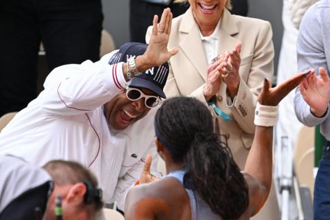 Coco Gauff greets Spike Lee after her victory over Aryna Sabalenka during the Women’s Singles Final match