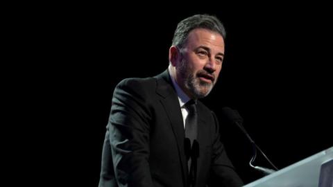 Jimmy Kimmel performs onstage as Keep Memory Alive hosts star-studded lineup at annual "Power Of Love" gala at MGM Grand Garden Arena on February 22, 2025 in Las Vegas, Nevada