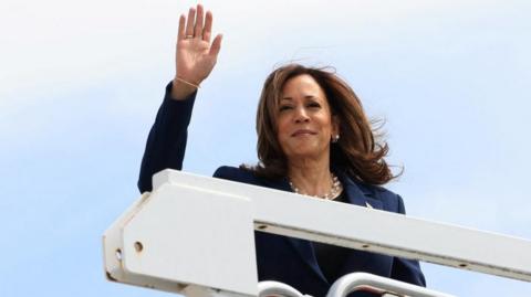 U.S. Vice President Kamala Harris boards Air Force Two as she departs on campaign travel to Milwaukee, Wisconsin