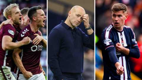 Hearts captain Lawrence Shankland, Motherwell head coach Jens Berthel Askou and Dundee midfielder Cameron Congreve