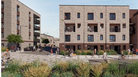An artist's impression how of new homes planned for Bath Street could look. There is a block of brown five storey flats and a four-storey block with balconies in the centre of the image.