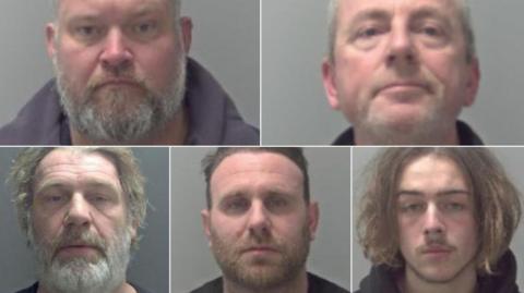 A collage of mugshots of Richard Saul, Sean Seymour, Nathan Wellard, Alexander Sampson-Chambers and Domenic Labella. They are all pictured against a grey backdrop. 