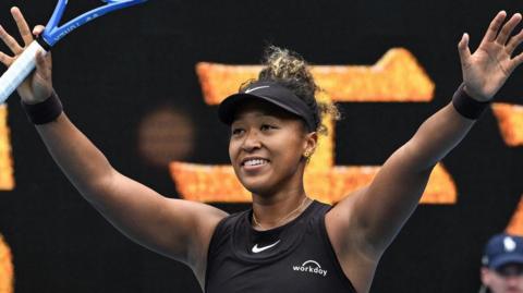 Naomi Osaka celebrates her second round win at the Australian Open