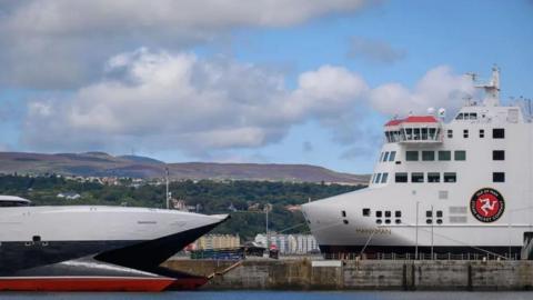 The hulls of the Manannan and the Manxman facing each other in Douglas Harbour.