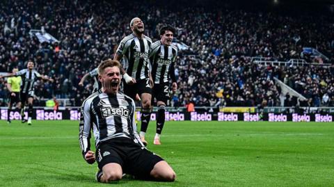 Harvey Barnes slides on his knees celebrating his winner against Leeds