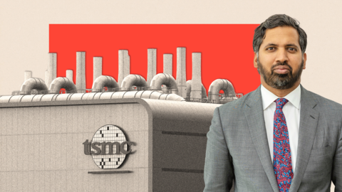 A treated image of the TSMC factory, with Faisal Islam on the right
