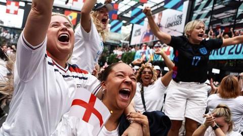 England fans celebrate as they watch the Euro 2025 final