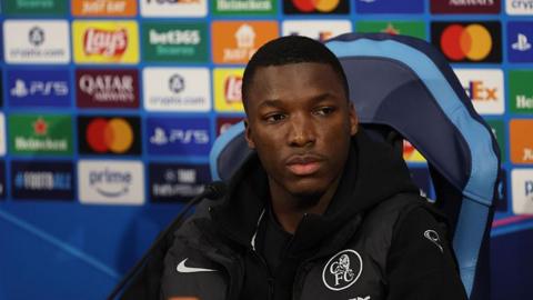 Moises Caicedo looks during news conference