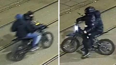Two CCTV images of four young people on e-bikes. They are wearing dark clothing and balaclavas. 