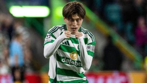 Celtic's Kyogo Furuhashi celebrates scoring to make it 2-0 during a UEFA Champions League match between Celtic and SK Slovan Bratislava at Celtic Park,