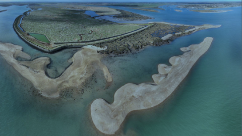 A birds eye view of an estuary with sand and marshes surrounded by greenish water