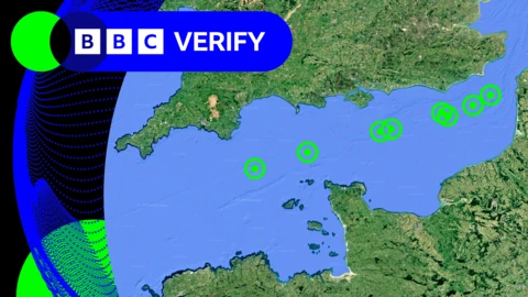 A BBC annotated satellite map showing the location of eight sanctioned tankers in the English Channel