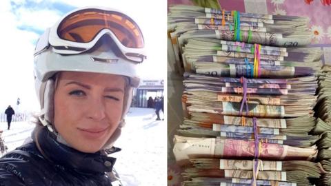 A split image, with Ekaterina Zhdanova on the ski slopes, winking at the camera, on the left, and bundles of cash on the right 