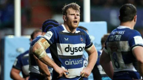 Josh McNally with his hands on his hips during a Bath match