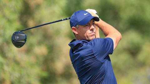 Rory McIlroy of Northern Ireland plays his tee shot on the second hole during the second round of the DP World Tour Championship 2025