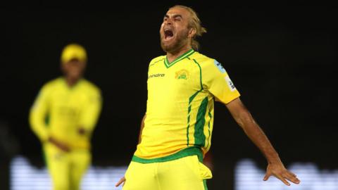 Imran Tahir of Joburg Super Kings celebrates a wicket