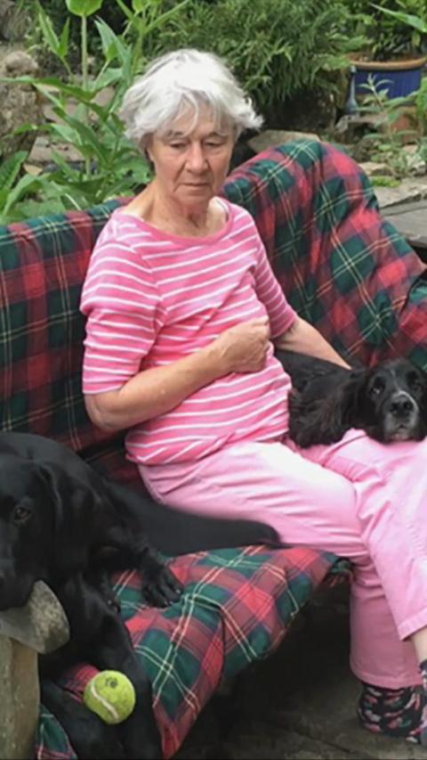 A woman is wearing a pink top and pink trousers, sat on a sofa. She is sat besides two black labradors.