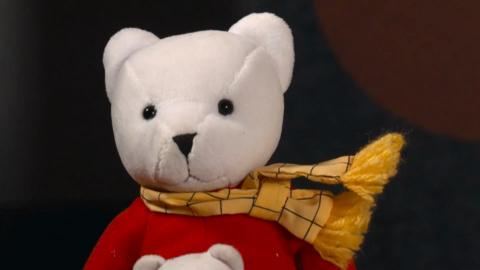 A close-up of a white teddy bear wearing a red jumper and a yellow checked scarf. The bear faces the camera, with the scarf trailing to one side against a dark, out-of-focus background.